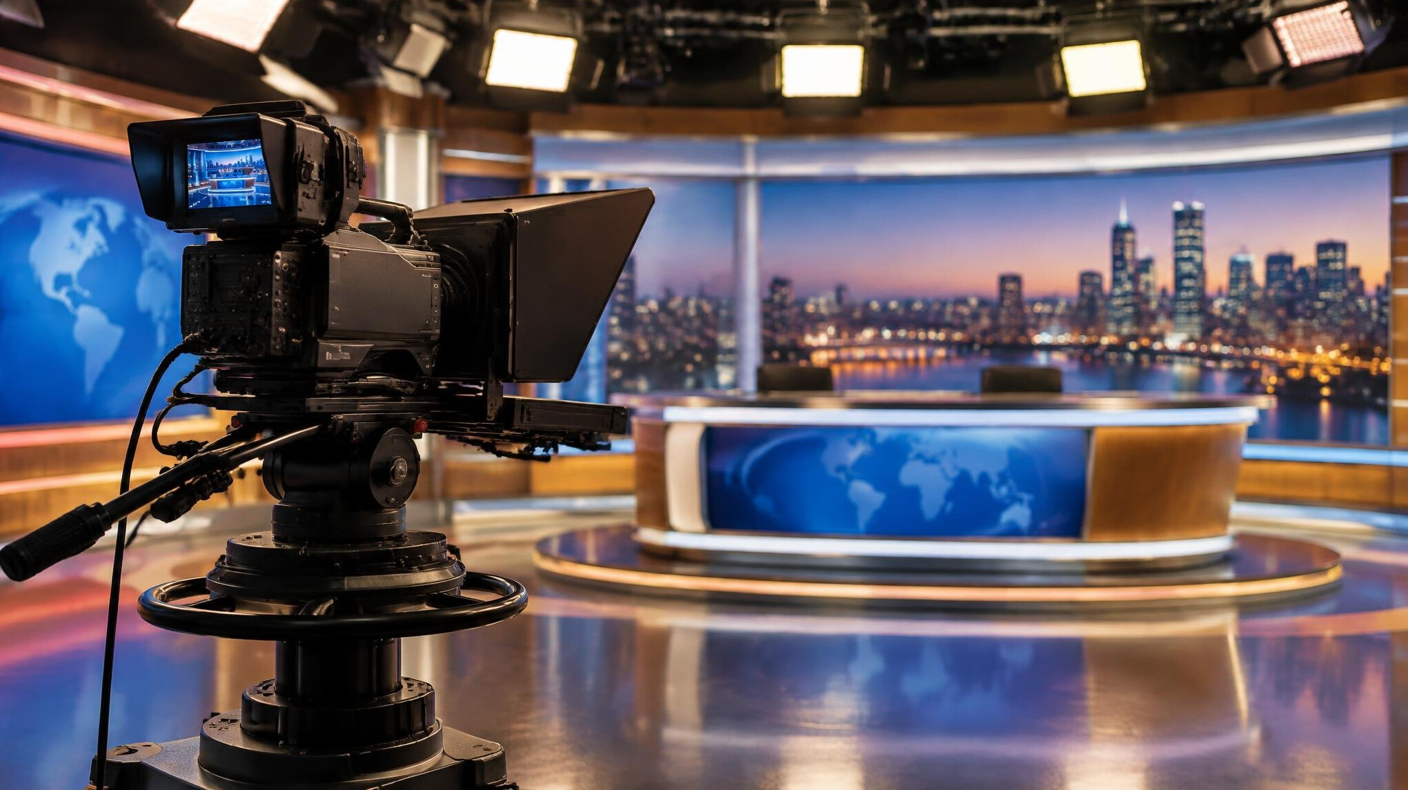 Television camera operator working in a lit broadcast studio