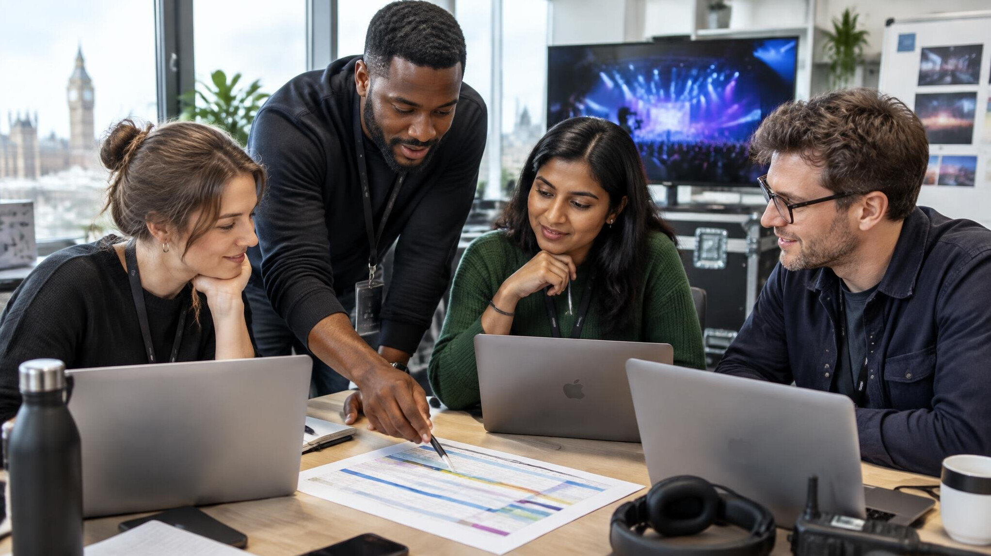 Production team planning a studio workflow together