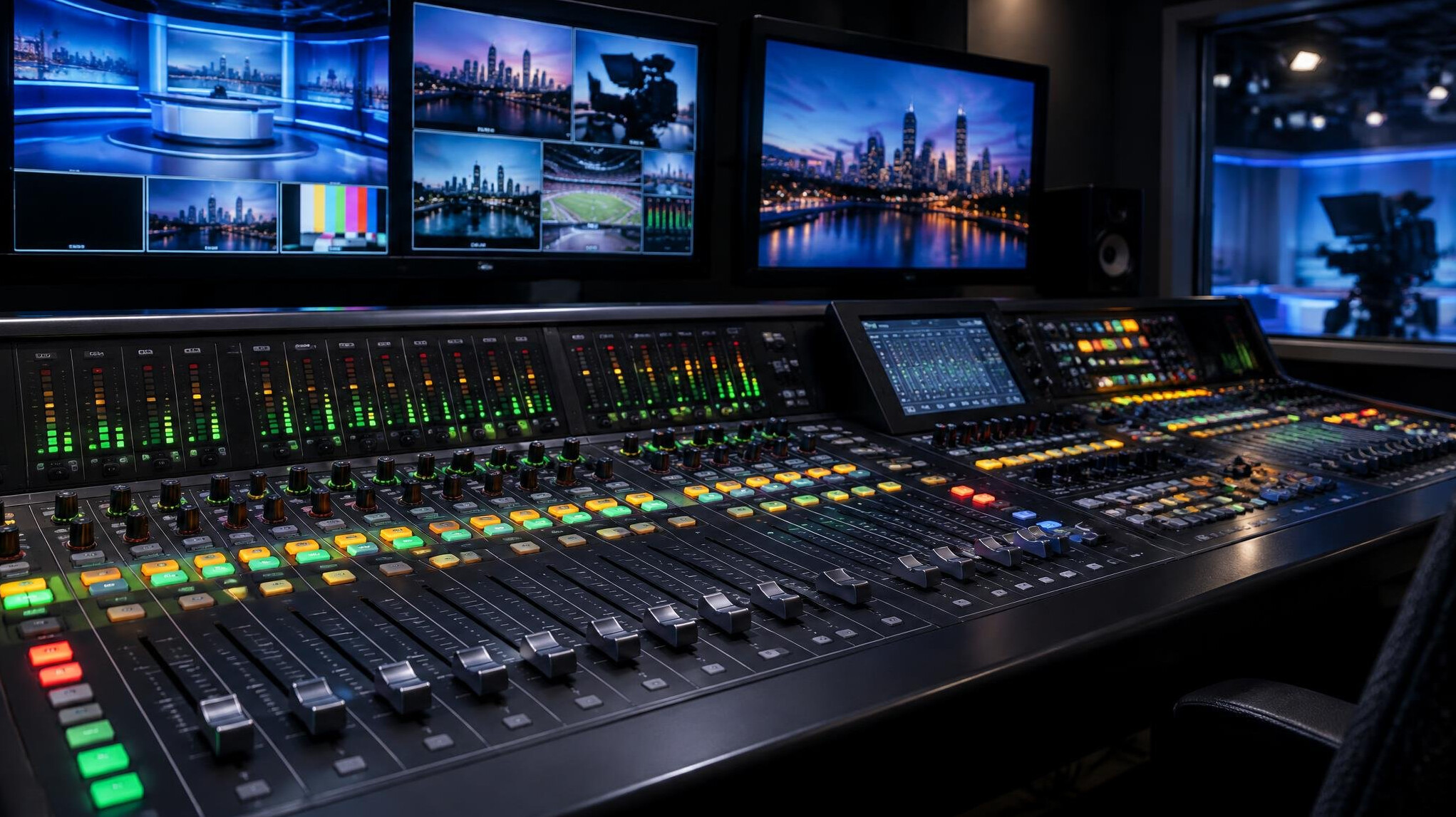 Audio mixing console in a production control room